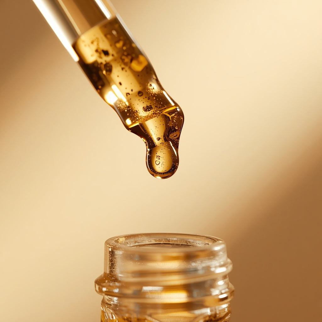 VellureLabz GoldRenew gold peptide ampoule serum texture, close-up