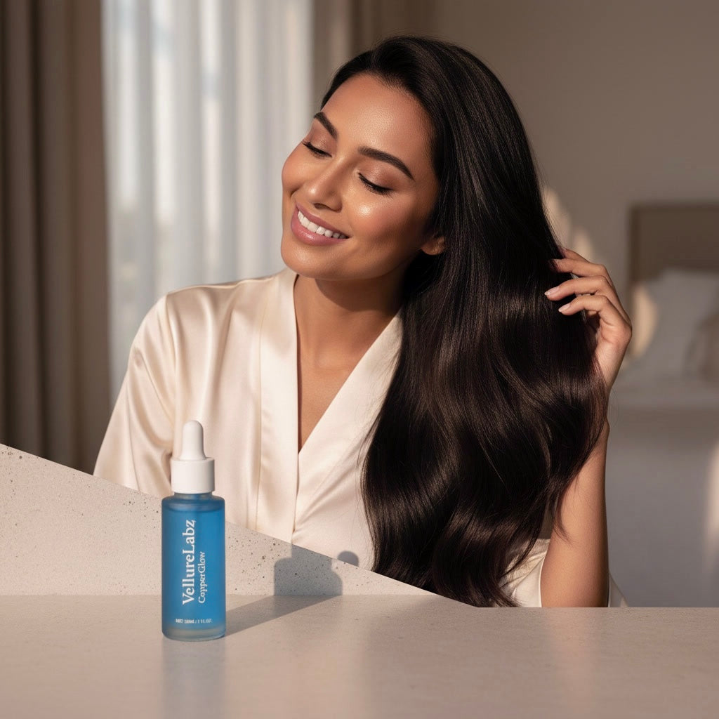 Long, healthy hair after using VellureLabz CopperGlow copper peptide scalp serum