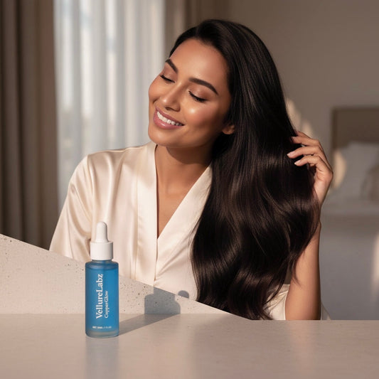 Long, healthy hair after using VellureLabz CopperGlow copper peptide scalp serum