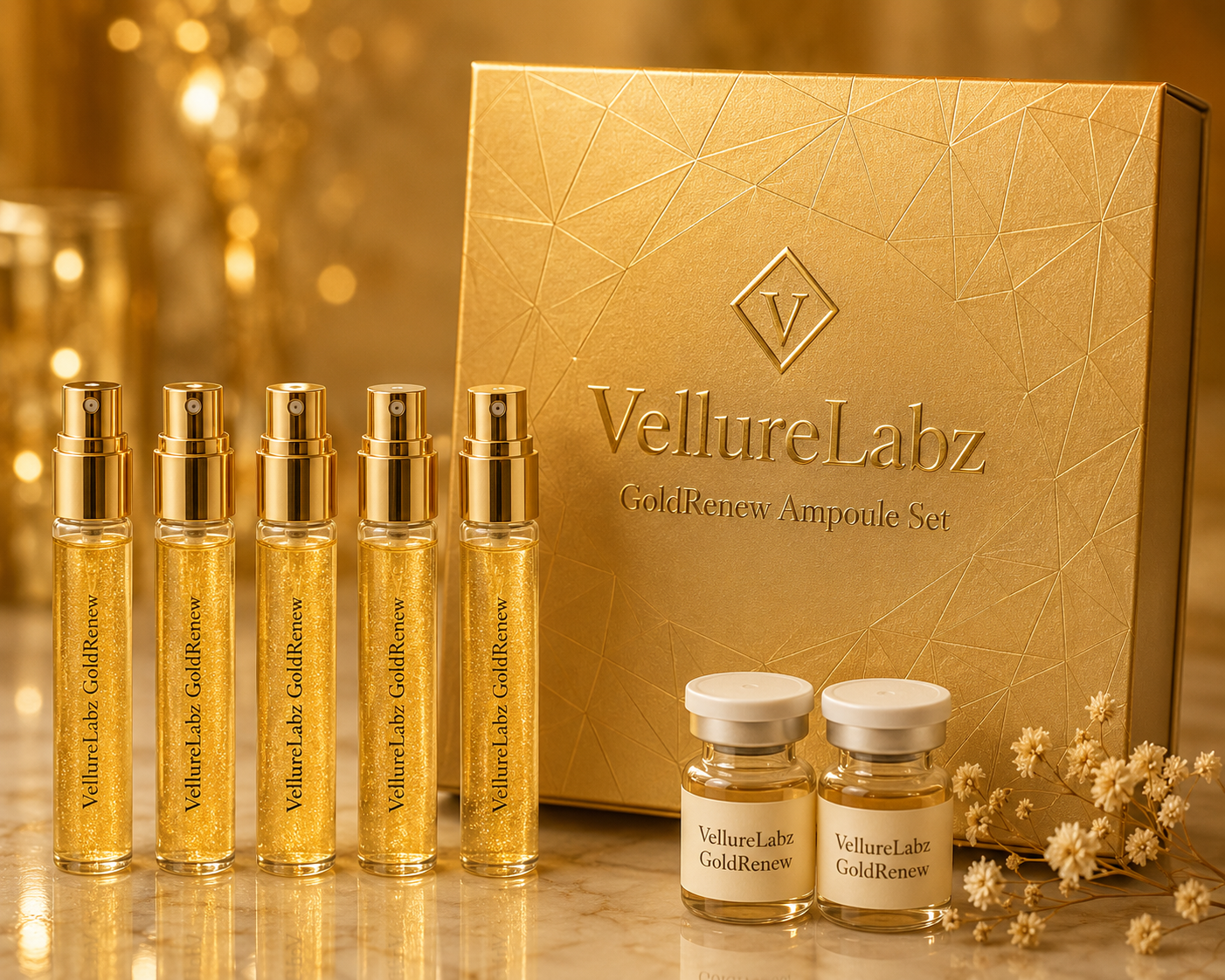 VellureLabz GoldRenew Ampoule Set, five-step gold peptide kit with presentation box and ampoules