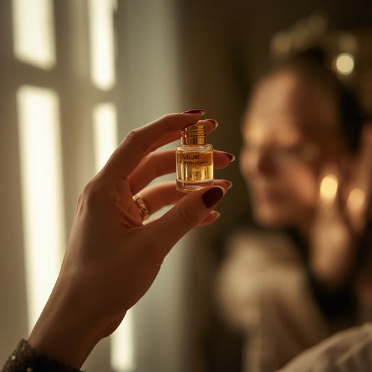 Holding a VellureLabz GoldRenew gold peptide ampoule