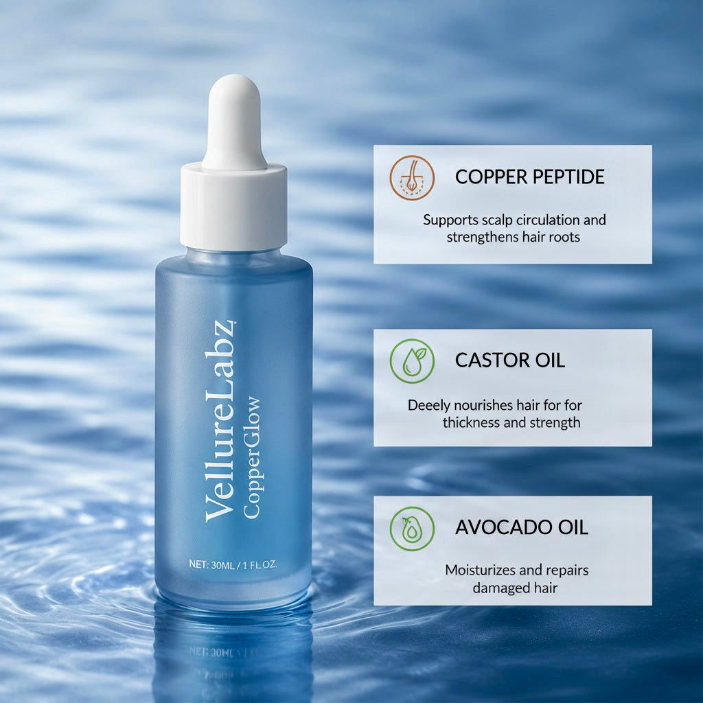 VellureLabz CopperGlow Serum key ingredients: copper peptides, castor seed oil and avocado oil