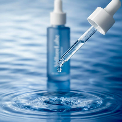 VellureLabz CopperGlow Serum, blue glass dropper bottle of copper peptide scalp serum