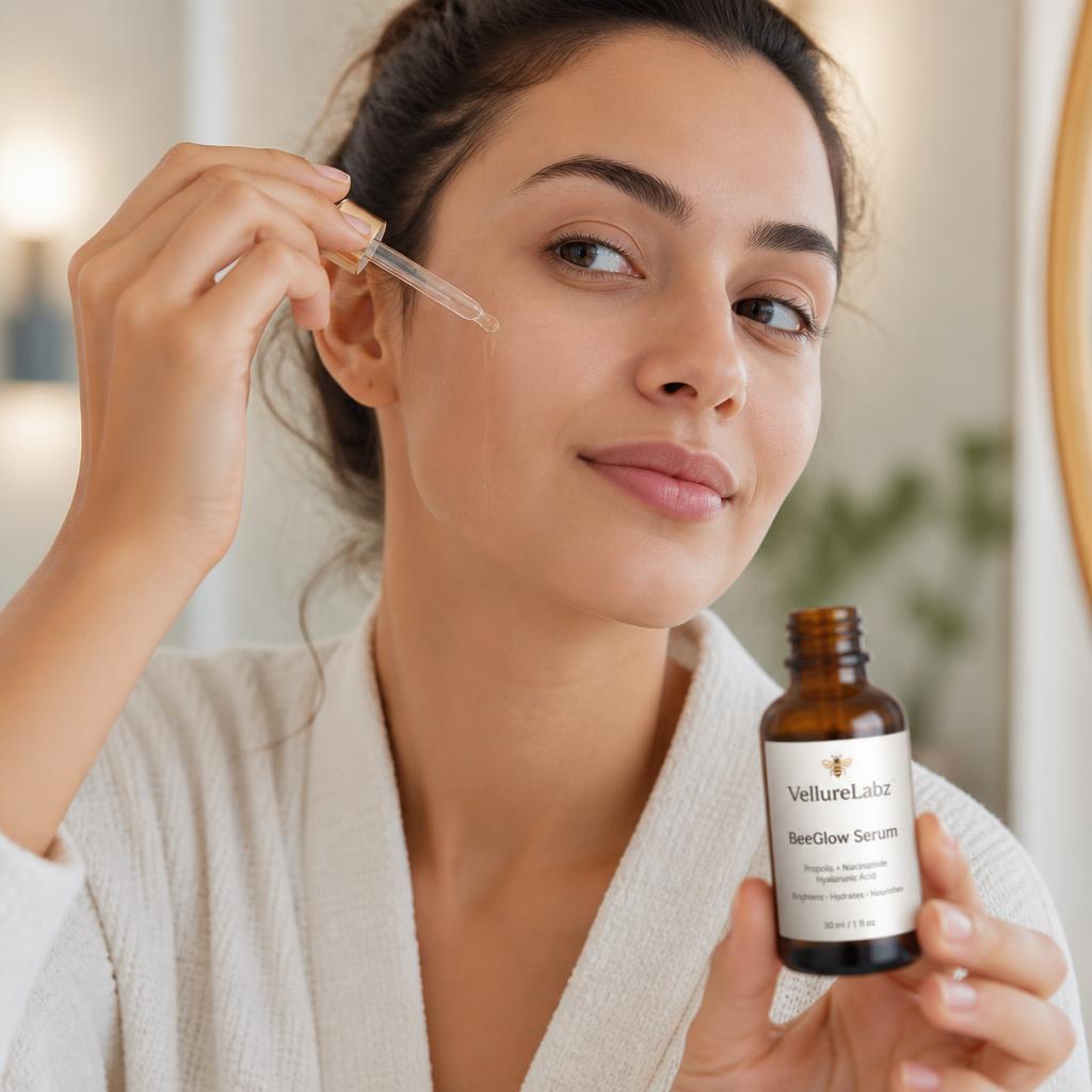 Applying VellureLabz BeeGlow Serum to the skin