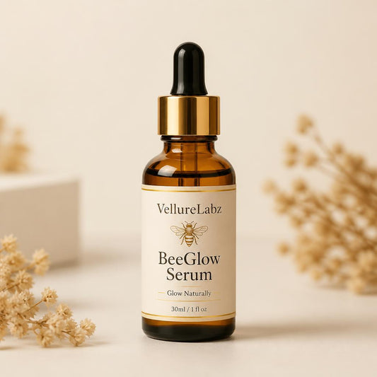 VellureLabz BeeGlow Serum, 15ml amber glass dropper bottle with bee venom and hyaluronic acid