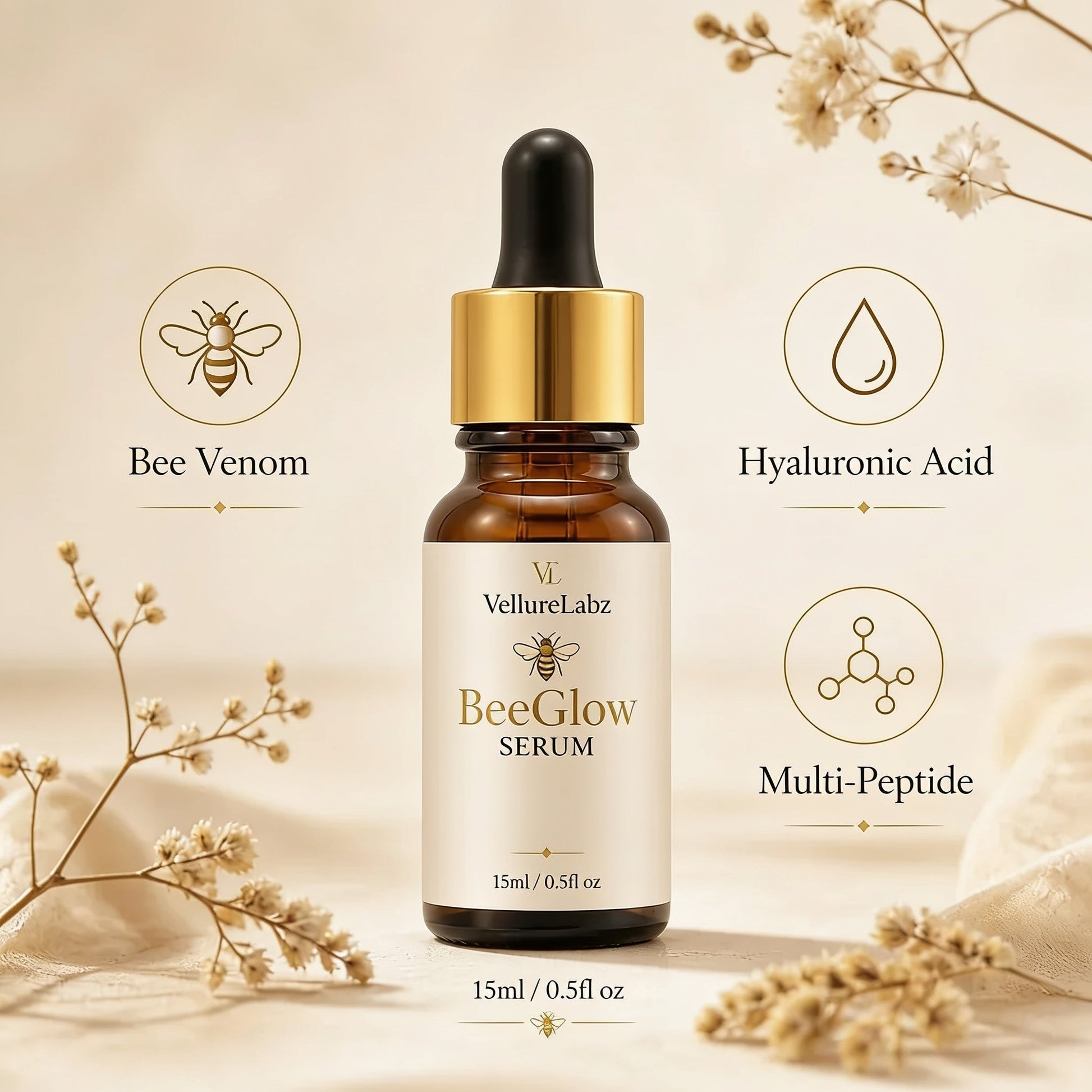VellureLabz BeeGlow Serum with its key ingredients: purified bee venom, hyaluronic acid and multi-peptide complex
