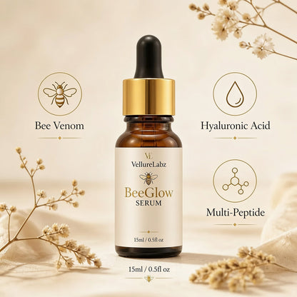 VellureLabz BeeGlow Serum with its key ingredients: purified bee venom, hyaluronic acid and multi-peptide complex