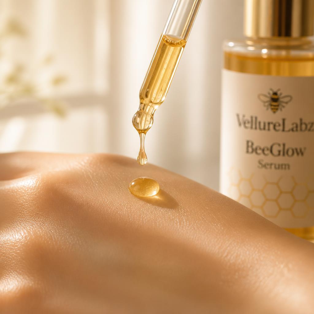 Close-up of BeeGlow Serum texture, a golden-amber drop falling from the dropper