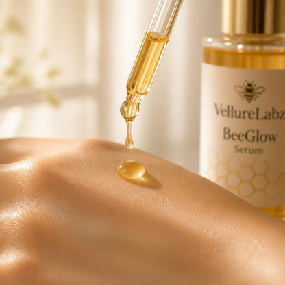 Close-up of BeeGlow Serum texture, a golden-amber drop falling from the dropper