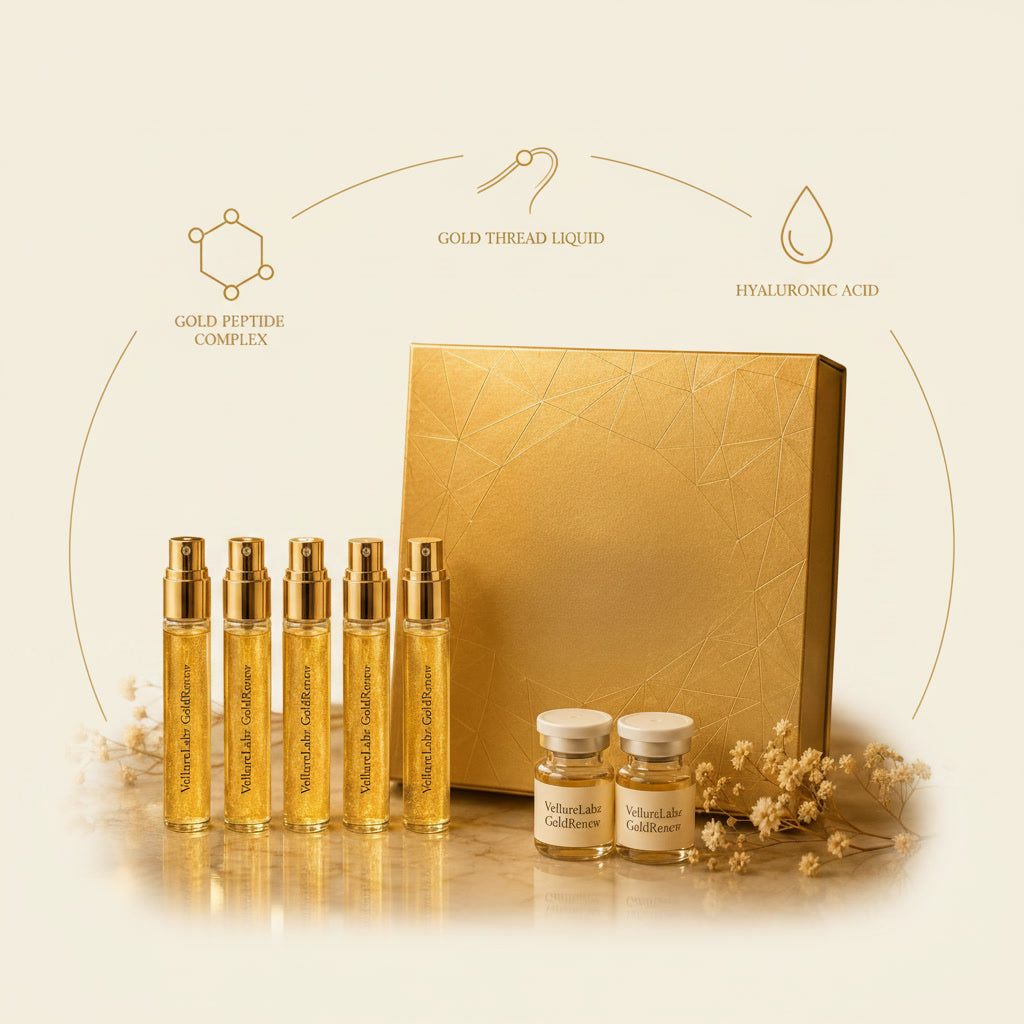 VellureLabz GoldRenew Ampoule Set with its key ingredients: gold peptide complex, gold thread liquid and hyaluronic acid